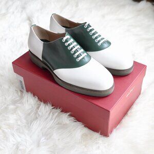 Salvatore Ferragamo NEW Ricky White Green Calf Leather Oxfords Size 9.5 2E